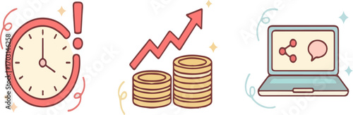 Clock with exclamation point, stacks of coins with upward arrow, and laptop displaying sharing and chat icons, all in a cute, cartoonish style illustration.