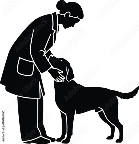 Veterinarian caring for dog silhouette medical professional animal health care interaction love support concept vector