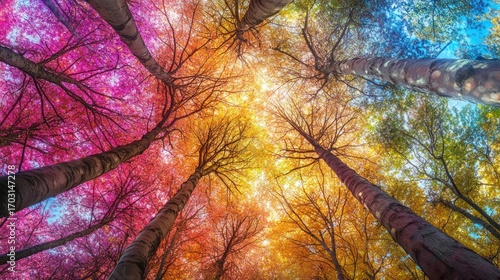 Vibrant autumnal forest canopy viewed from below.