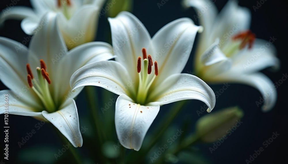 Fototapeta premium Close-up of delicate white lily flowers with green stems, orange anthers against dark background. Illustration symbolizes memories, serenity, offering pure, clean aesthetic with high contrast.