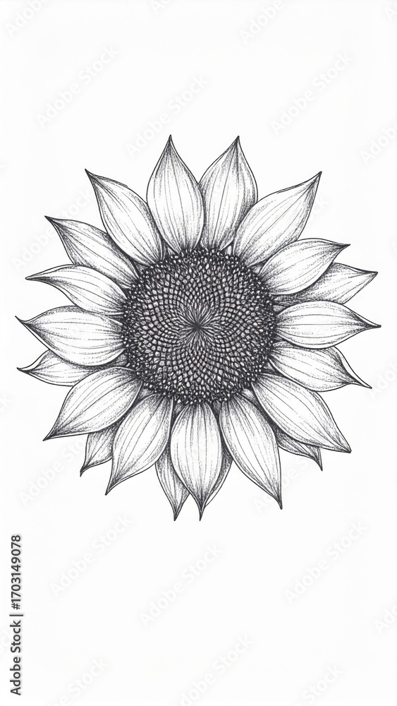 Fototapeta premium Detailed Black and White Sunflower Illustration with Precise Botanical Drawing