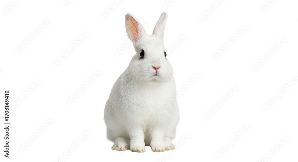 Fototapeta premium Cute white rabbit sitting looking forward isolated PNG with Transparent Background