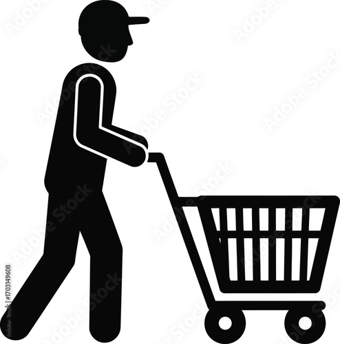 Stick figure person pushing shopping cart represents consumerism and retail shopping lifestyle vector