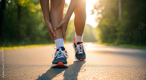 Close Up of Person with Shin Splints on Asphalt Road at Sunset