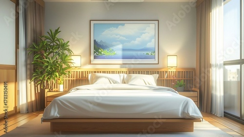 A serene bedroom featuring a large bed with white linens and a landscape painting above the headboard on transparent background silhouette