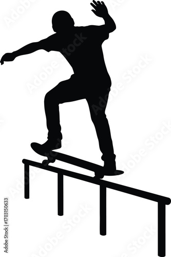 Silhouette skateboarder grinding on rail extreme sports action dynamic motion athleticism vector
