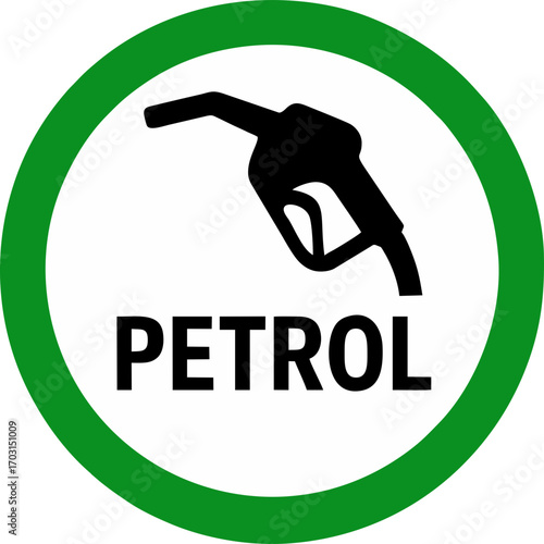 A black petrol station icon inside a green circle on a white background in a simple and clean design style
