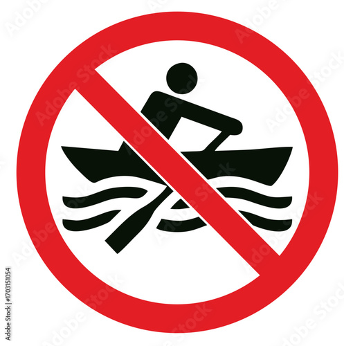 Red prohibition symbol over person rowing boat on water no boating