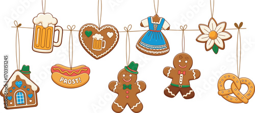 Oktoberfest gingerbread cookies hanging on string decoration set with beer mug, heart, dress, gingerbread men, flower, hot dog, pretzel