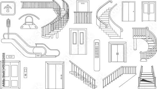 Collection of stairs, elevators, escalators, doors, railings, handrails, architectural elements, building access, vector line art, design, safety, modern construction