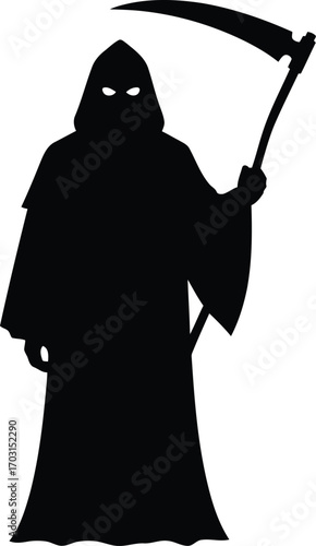 Silhouette of grim reaper with scythe glowing eyes ominous figure symbolizing death and mortality vector