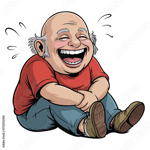 Cartoon Illustration of a Bald Overweight Man in Casual Clothes