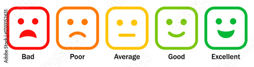 Set of colorful feedback rating emoji icons set in square shape outline style. Bad, poor, average, good and excellent rating emoji icon set isolated on white background. Vector illustration.