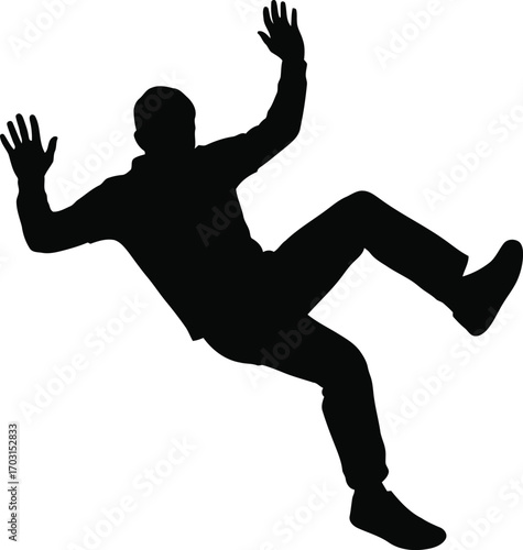Silhouette of a man falling through the air isolated on a clean white backdrop dynamic motion action concept vector