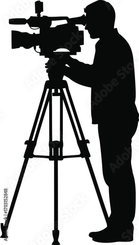 Filmmaker silhouette operating professional video camera on tripod for content creation and media production vector