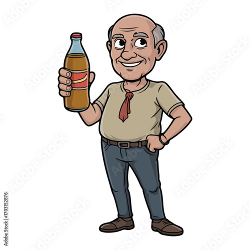 Cartoon Illustration of a Bald Overweight Man in Casual Clothes