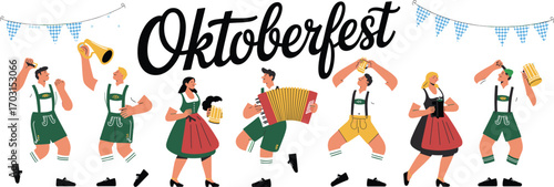 Oktoberfest illustration with people dancing, playing accordion, holding beer mugs, wearing traditional Bavarian costumes and festive decorations
