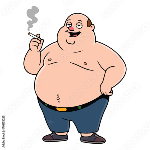 Cartoon Illustration of a Bald Overweight Man in Casual Clothes