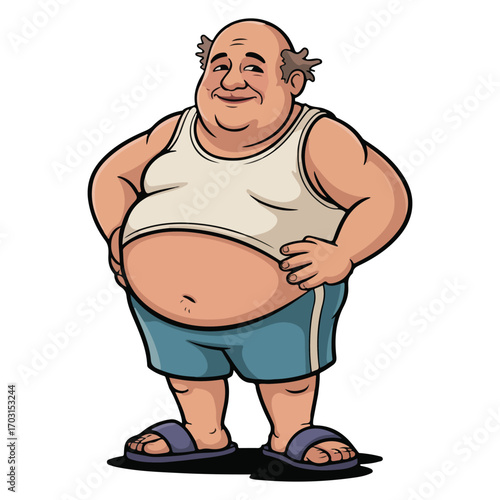 Cartoon Illustration of a Bald Overweight Man in Casual Clothes