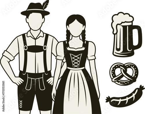Oktoberfest vector illustration of Bavarian couple in traditional dress with beer, pretzel, and sausage, German festival celebration icons.