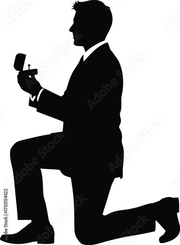 Silhouette of a man kneeling proposing marriage with ring proposal romantic gesture commitment love symbol wedding engagement vector