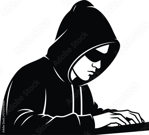 Anonymous hacker in hoodie working on computer cybercrime digital security concept vector