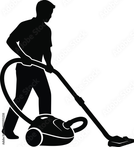 Silhouette of a man vacuuming a floor with a modern vacuum cleaner domestic cleaning concept vector