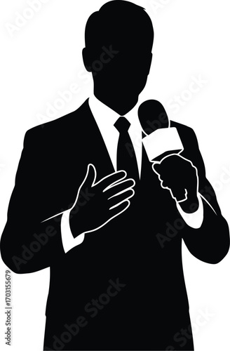 Silhouette of a confident journalist holding a microphone reporting news live broadcasting interview communication concept vector