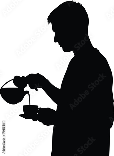 Silhouette of a man pouring coffee into a cup from a coffee pot isolated on a plain background. vector