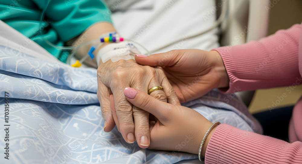 Fototapeta premium Woman Comforting Elderly Patient with Intravenous Drip in Hospital Room Setting