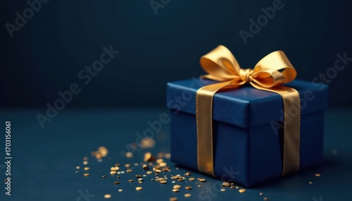 Navy blue gift box, gold ribbon, dark backdrop Holiday elegance , gift wrap, copy space, luxury packaging