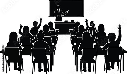 Diverse students raising hands in classroom learning engagement education concept silhouette vector