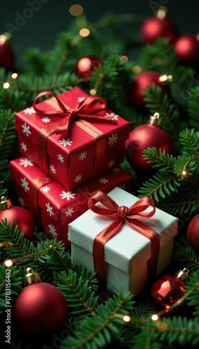 Presents nestled amongst green garland & baubles , decor, background, gift