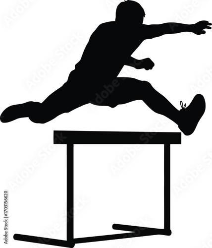 Silhouette athlete leaping over hurdle in sprint race competition dynamic motion vector