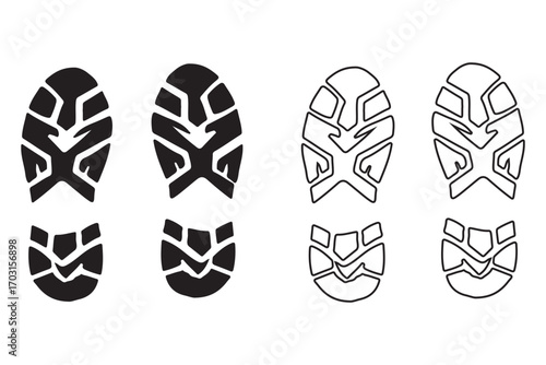 
Human footprint and shoe print silhouette vector icon set. Barefoot and boot prints collection. Steps, track, trail concept. Black isolated graphic elements. Walker