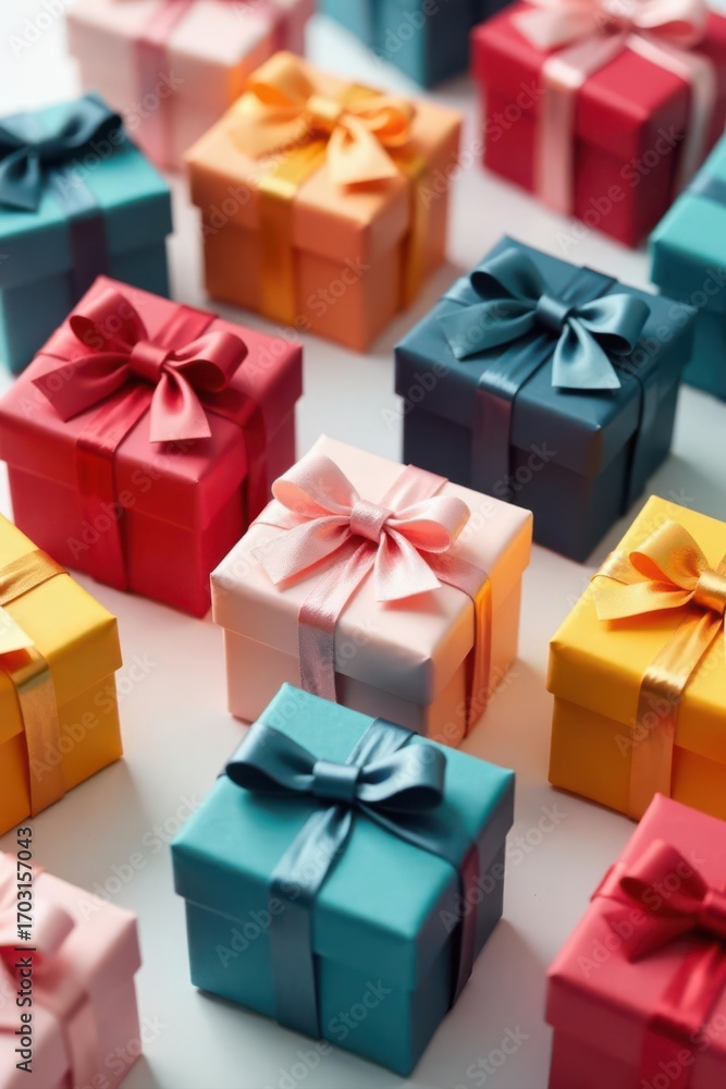 Fototapeta premium Set of miniature decorated gift boxes, various colors, package, diy