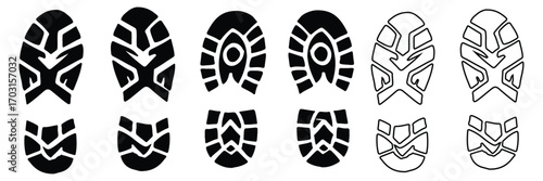 
Human footprint and shoe print silhouette vector icon set. Barefoot and boot prints collection. Steps, track, trail concept. Black isolated graphic elements. Walker