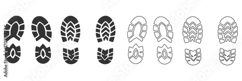Human bare walk footprints shoes and shoe sole Kids feet vector set. footsteps icon or sign for print, trail Walking footstep and footprint follow route