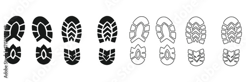 Human bare walk footprints shoes and shoe sole Kids feet vector set. footsteps icon or sign for print, trail Walking footstep and footprint follow route