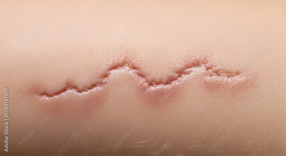 Fototapeta premium Close Up Shot of a Scar on Human Skin in Warm Lighting Conditions