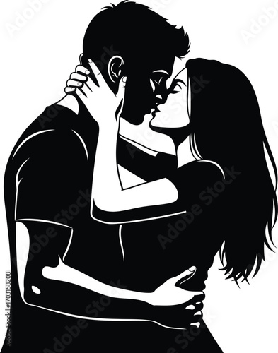 Passionate couple embracing and kissing silhouetted against light romantic love story moment vector