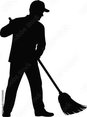 Silhouette of a cleaner sweeping with a broom engaged in janitorial work and maintenance tasks vector