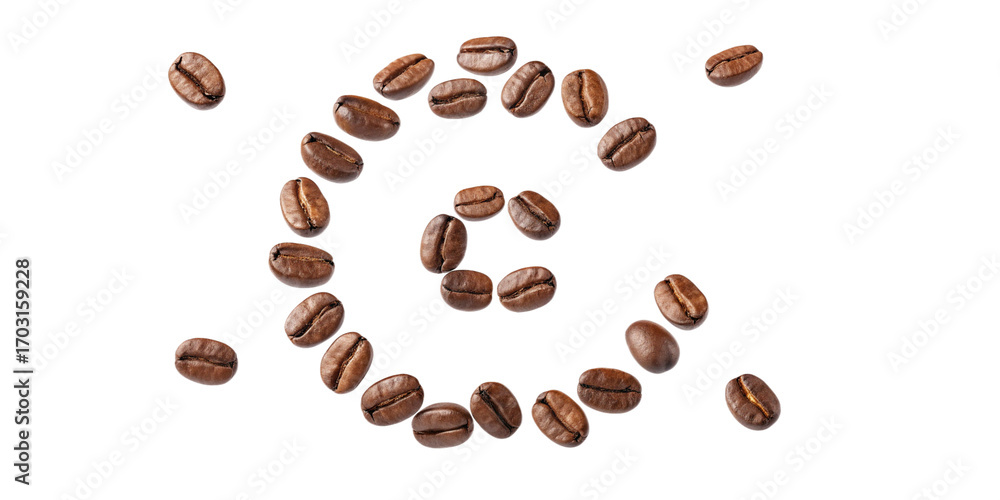 Obraz premium Elegant Swirl of Roasted Coffee Beans in Mid-Air on Transparent Background Floating Curved Cascade of Coffee Beans for Coffee-Themed Designs