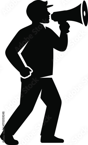 Silhouette of a man in a cap speaking into a megaphone announcing information loudly vector