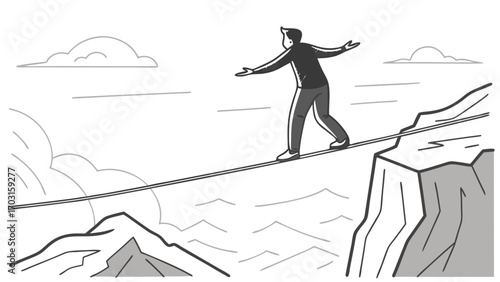 A Person Balancing on a Tightrope Over a Mountainous Landscape