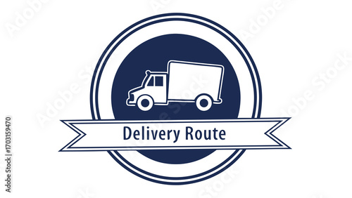 Delivery Route Emblem Stylized Truck Icon in Navy Circle with Ribbon Banner