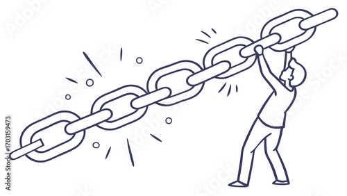 Determined Person Lifting a Heavy Chain Breaking Free