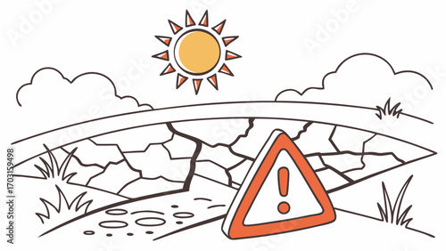 Dry Land Cracks Under Sunny Sky Warning Sign