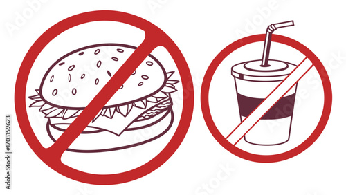Illustrated Prohibition Signs No Burger and No Soda Dietary Restrictions