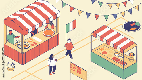 Isometric Illustration of a Lively Food Market with Colorful Stalls and People
